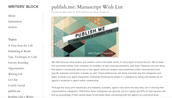 A screenshot of the Manuscript Wish List on the Loft Literary conference website.